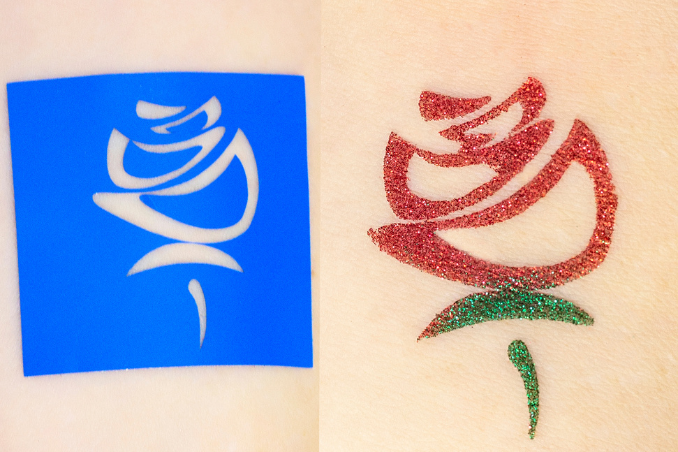 glitter tattoo. photo with pasted stencil on the skin. and the end result of the work